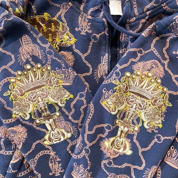 Christian Audigier Men's Full Zip Hoodie Size L (READ) Blue Gold Leopard Crown - Picture 5 of 8